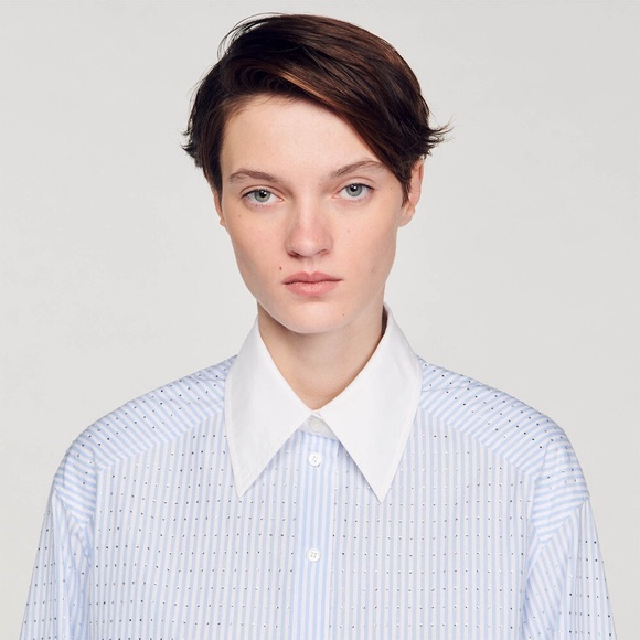 Sandro stripy rhinestone shirt with contrast collar, new with tags. Cropped. - Picture 3 of 3